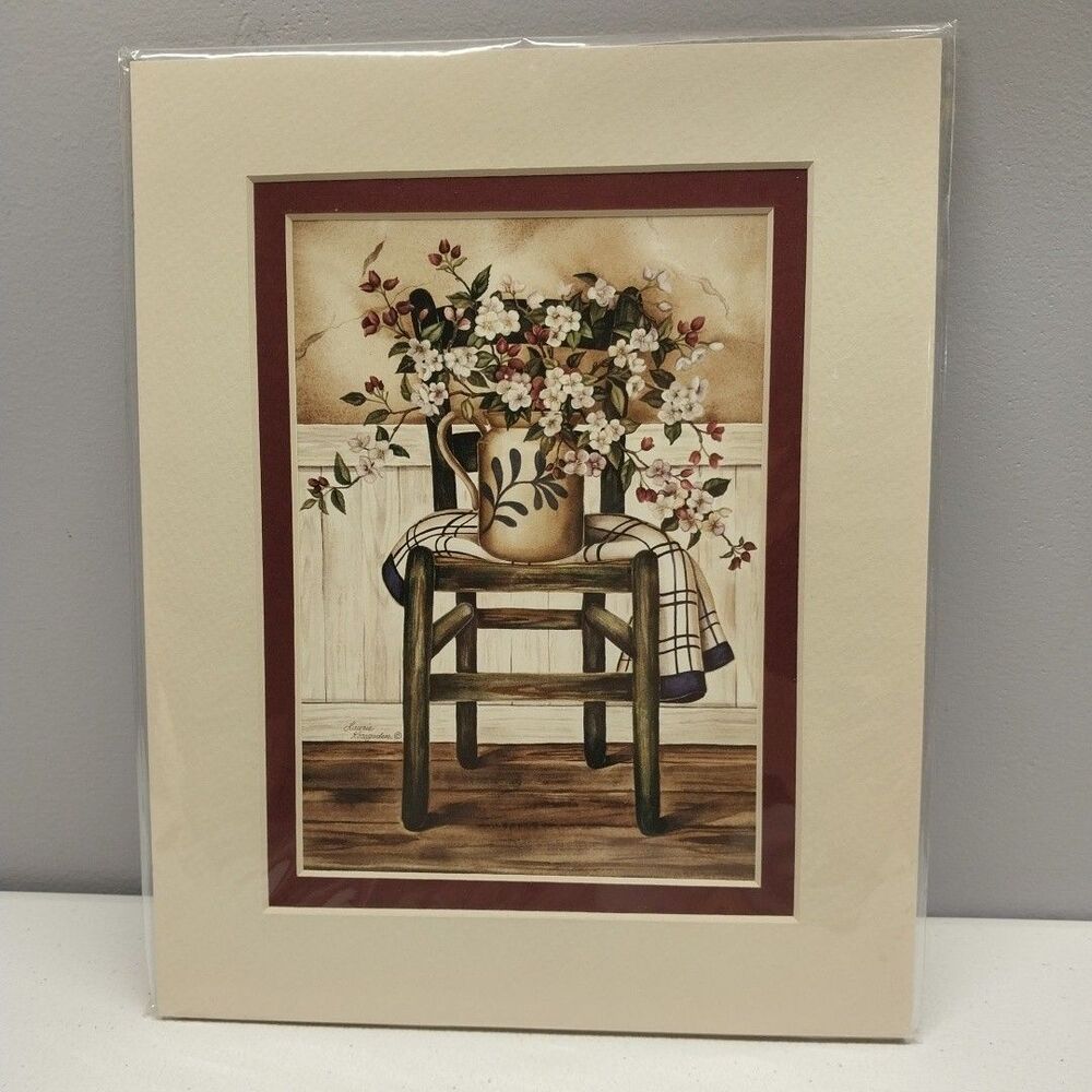 Laurie Korsgaden Floral Still Life Print Matted 8x10 Country Cottage Wall Art
